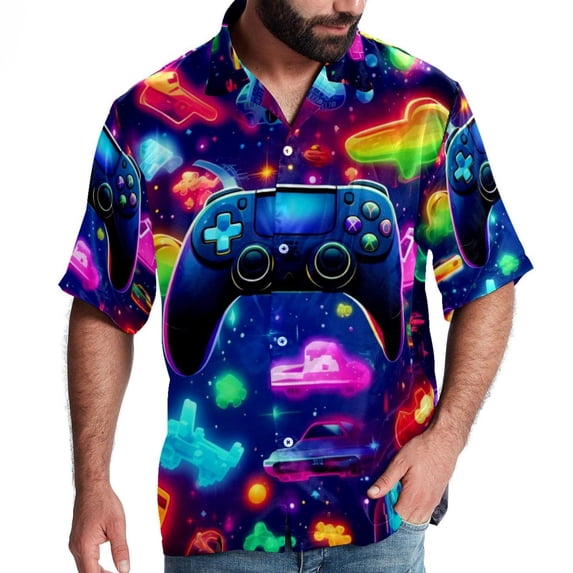 Game Controller Men's Button Down Casual Hawaiian Print Short Sleeve Summer Beach Shirt