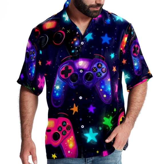 Game Controller Men's Short Sleeve Hawaiian Beach Shirts, Casual Printed Button Down Spread Collar Tops, Summer Unisex Style