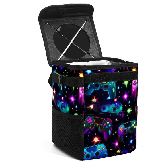 Game Controller Mini Trash Can for Car: Foldable with Lid, Leak-Proof and Hanging Storage Bag