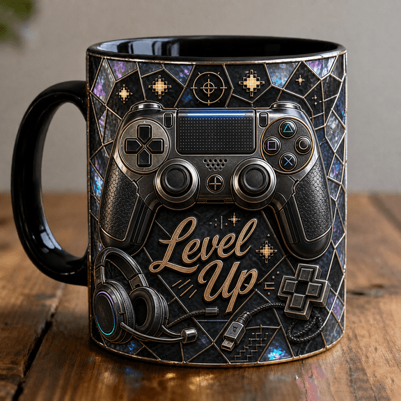 Game Controller Mug 3D Effect, Level Up Gamer Coffee Cup with Headset Pixel Stars