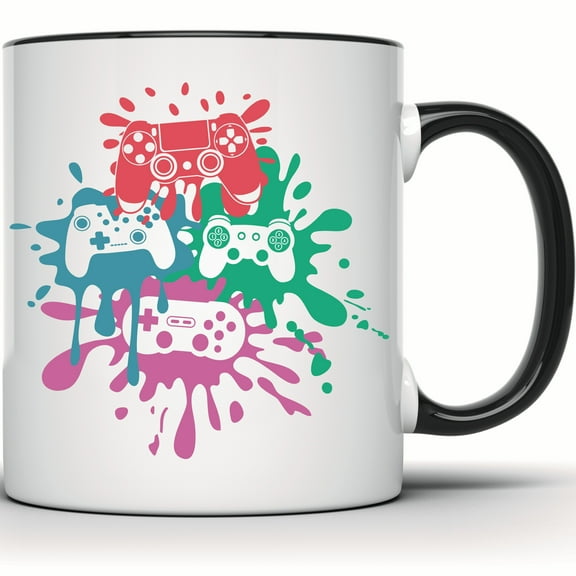 Game Controller Mug - Gamer Mug - Video Game Mug - Gaming Gift - Splatter Art Mug for Gamers - Unique Video Game Controller Design - 11 Ounce Black Rim Handle Novelty Coffee Cup - WMUG1404-BLK