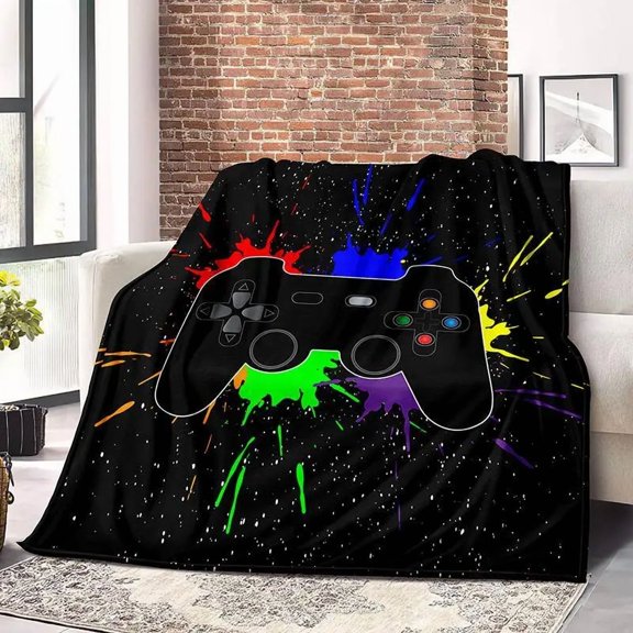 Game Controller Pattern Flannel Blanket with Soft Lightweight ThrowBlanket Warm Cozy decorative giftable slogan print soft fleece fluffy gift
