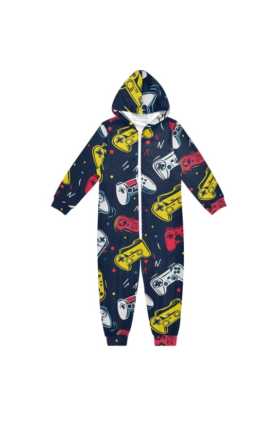Game Controller Pattern One Piece Pajamas Soft Jumpsuit Cozy Sleep and Play Romper Zipper and Pockets 5-6T