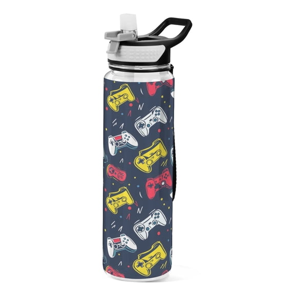 Game Controller Pattern Sport Water Bottle Tritan with Straw 1000ml Portable for Outdoor Daily Use