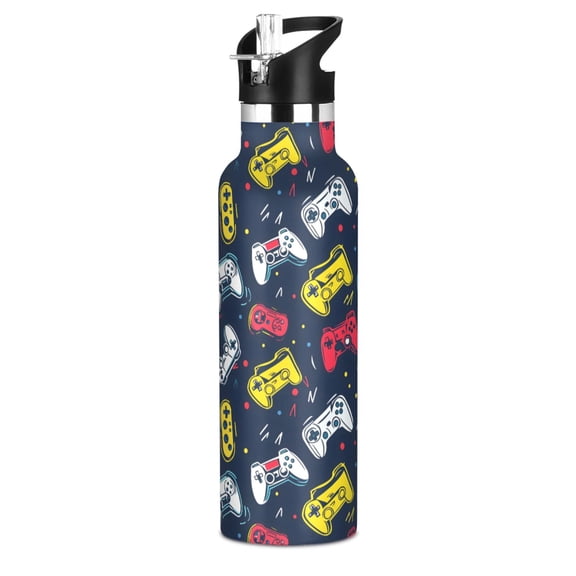 Game Controller Pattern Sport Water Bottle for Kids Insulated with Straw for School Outdoor Daily Use