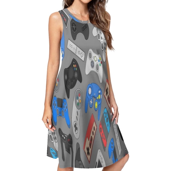 Game Controller Pattern Spring Summer Dresses for Women Fashion T-shirt Dress Casual Sleeveless Loose Sundress with Pockets