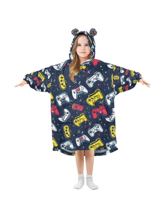 Game Controller Pattern Wearable Blanket Hoodie Oversized Flannel Soft Warm Cozy 3-14 Age Small