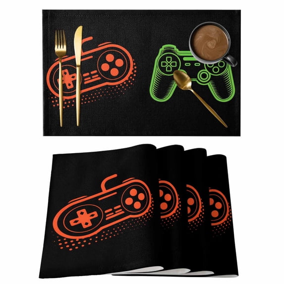 Game Controller Placemats Set of 12, Modern Art Gaming Handheld Black Placemats for Dining Table, Place Mats for Kitchen Tabletop, Waterproof Wipeable Dining Table Mats Set