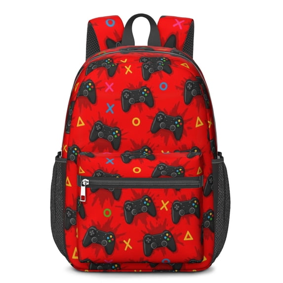 Game Controller Red Pattern 17" School Backpacks for Teens,Waterproof Oxford Fabric,S-Shape Padded Straps for School,Travel,Hiking,Camping