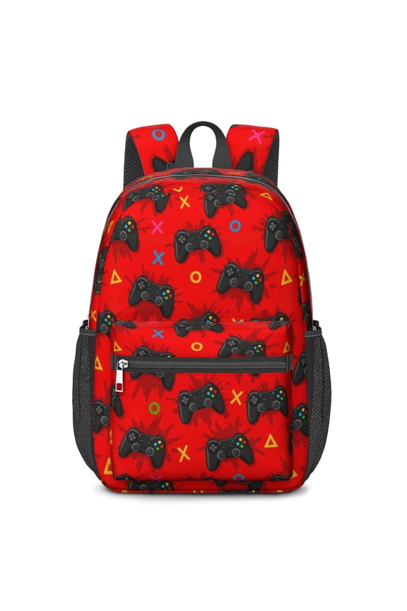 Game Controller Red Pattern 17" School Backpacks for Teens,Waterproof Oxford Fabric,S-Shape Padded Straps for School,Travel,Hiking,Camping