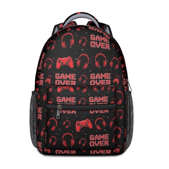 Game Controller Red Pattern Backpack for School, Cute School Bag with Adjustable Shoulder Straps and Padded Back, 15.3"x11"x6.7"
