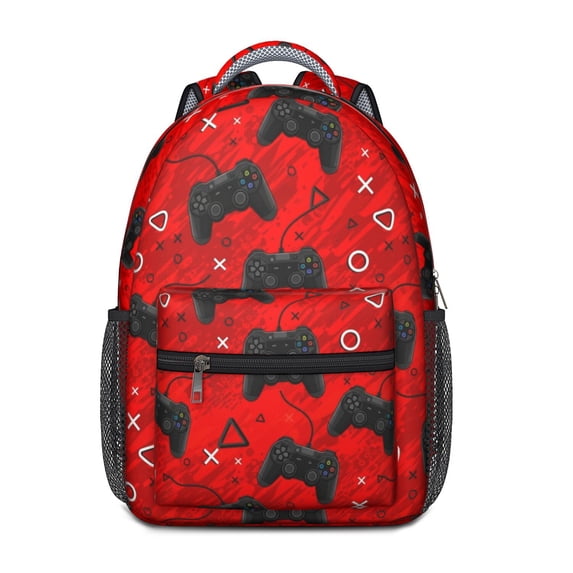 Game Controller Red Pattern Backpack for School, Cute School Bag with Adjustable Shoulder Straps and Padded Back, 15.3"x11"x6.7"