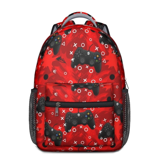 Game Controller Red Pattern Backpack for School, Cute School Bag with Adjustable Shoulder Straps and Padded Back, 15.3"x11"x6.7"