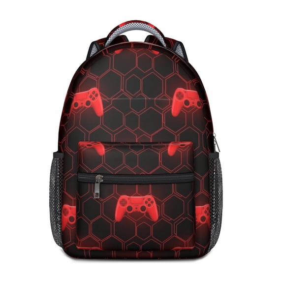 Game Controller Red Pattern Backpack for School, Cute School Bag with Adjustable Shoulder Straps and Padded Back, 15.3"x11"x6.7"
