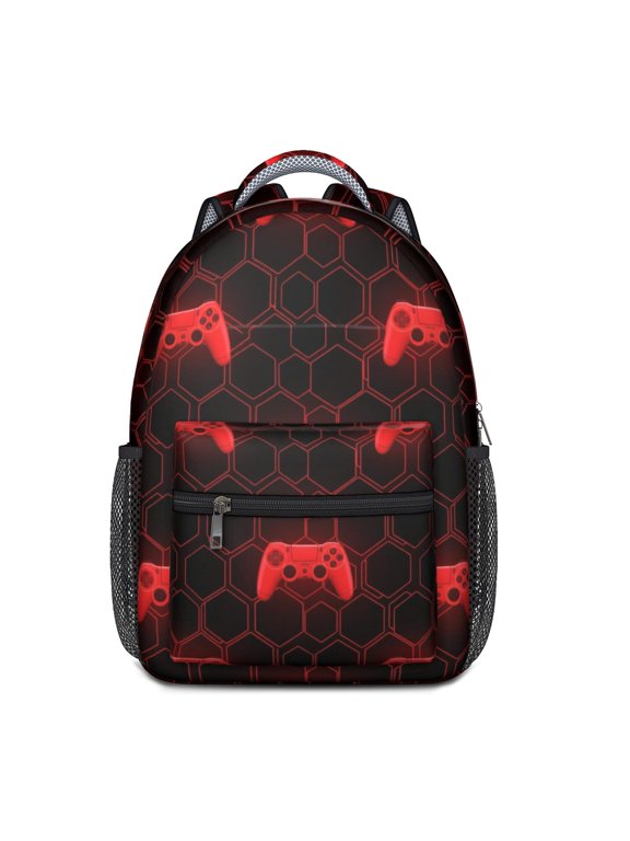 Game Controller Red Pattern Backpack for School, Cute School Bag with Adjustable Shoulder Straps and Padded Back, 15.3"x11"x6.7"