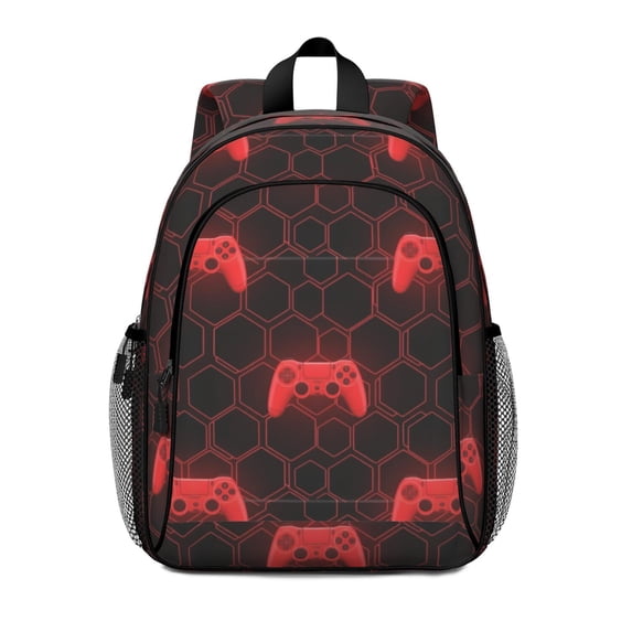 Game Controller Red Pattern Backpack for School, Cute School Bag with Adjustable Shoulder Straps and Padded Back, 15"x11.42"x5.5"