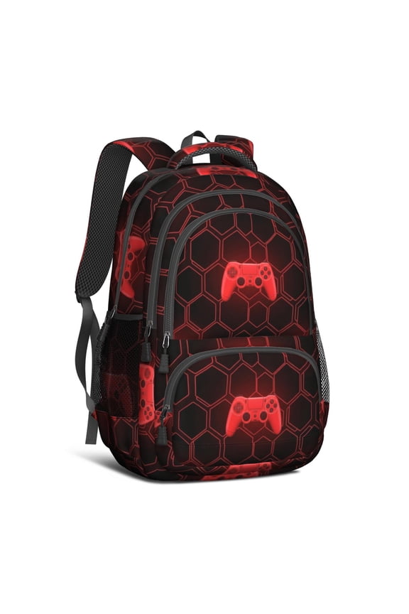 Game Controller Red Pattern Backpack for School, Cute School Bag with Adjustable Shoulder Straps and Padded Back, 16.9"x12.6"x5.9"