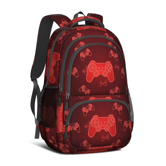 Game Controller Red Pattern Backpack for School, Cute School Bag with Adjustable Shoulder Straps and Padded Back, 16.9"x12.6"x5.9"