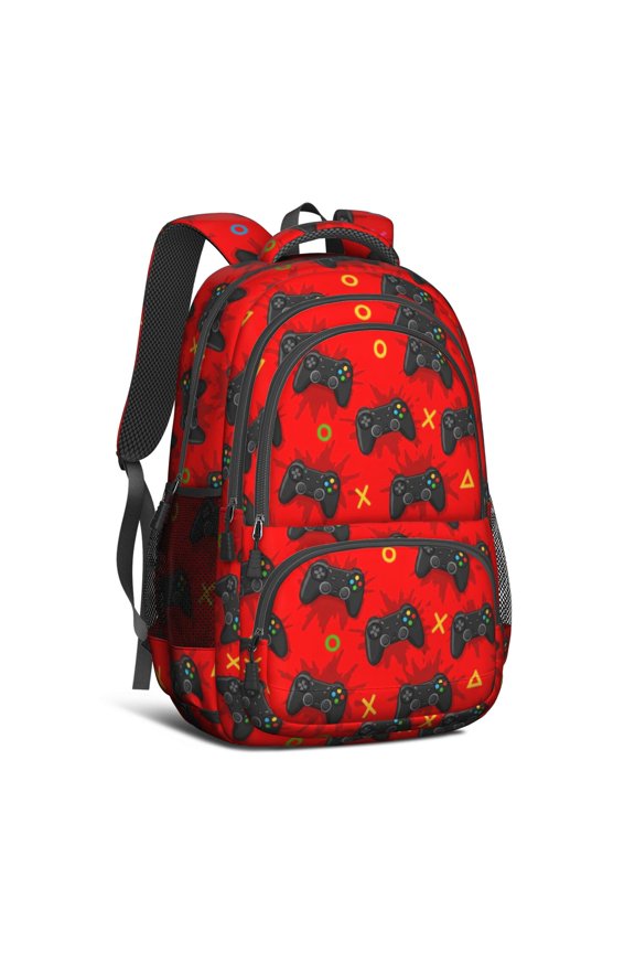 Game Controller Red Pattern Backpack for School, Cute School Bag with Adjustable Shoulder Straps and Padded Back, 16.9"x12.6"x5.9"