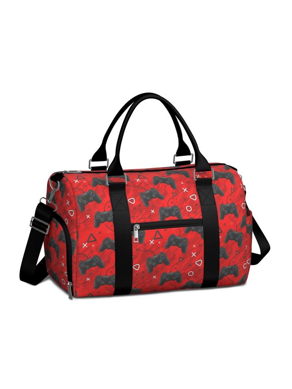 Game Controller Red Pattern Gym Bag with Shoe Compartment, Weekender Bag with Wet Pocket and Trolley Sleeve, Water Resistant Gifts Ideas for Gym Travel Weekend,17.3 X 11.8 X 7.5 Inches