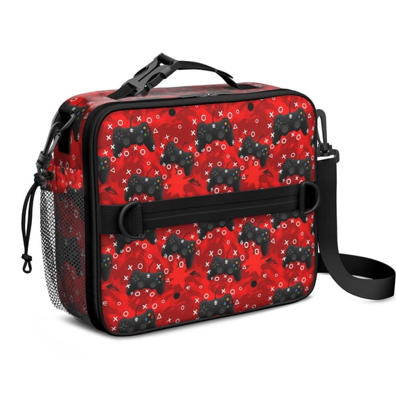 Game Controller Red Pattern Insulated Lunch Bag with Shoulder Strap and Bottle Holder,Bento School Lunch Bag Box,11x9.5x3.5 Inches