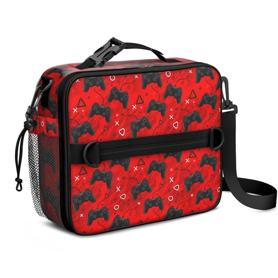 Game Controller Red Pattern Insulated Lunch Bag with Shoulder Strap and Bottle Holder,Bento School Lunch Bag Box,11x9.5x3.5 Inches