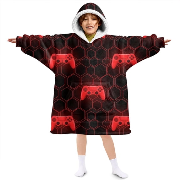 Game Controller Red Pattern Lamb Fleece Blanket Hoodies for Teens ,Teens Oversize Sherpa Wearable Hooded Blanket Sweatshirt with Super Pockets
