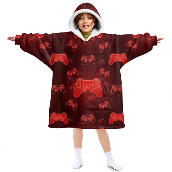 Game Controller Red Pattern Lamb Fleece Blanket Hoodies for Teens ,Teens Oversize Sherpa Wearable Hooded Blanket Sweatshirt with Super Pockets