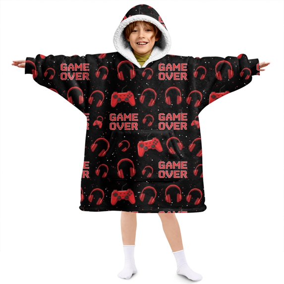 Game Controller Red Pattern Lamb Fleece Blanket Hoodies for Teens ,Teens Oversize Sherpa Wearable Hooded Blanket Sweatshirt with Super Pockets