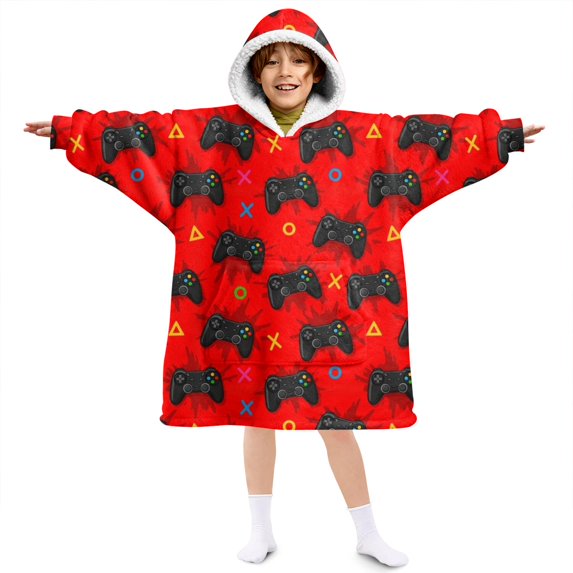 Game Controller Red Pattern Lamb Fleece Blanket Hoodies for Teens ,Teens Oversize Sherpa Wearable Hooded Blanket Sweatshirt with Super Pockets