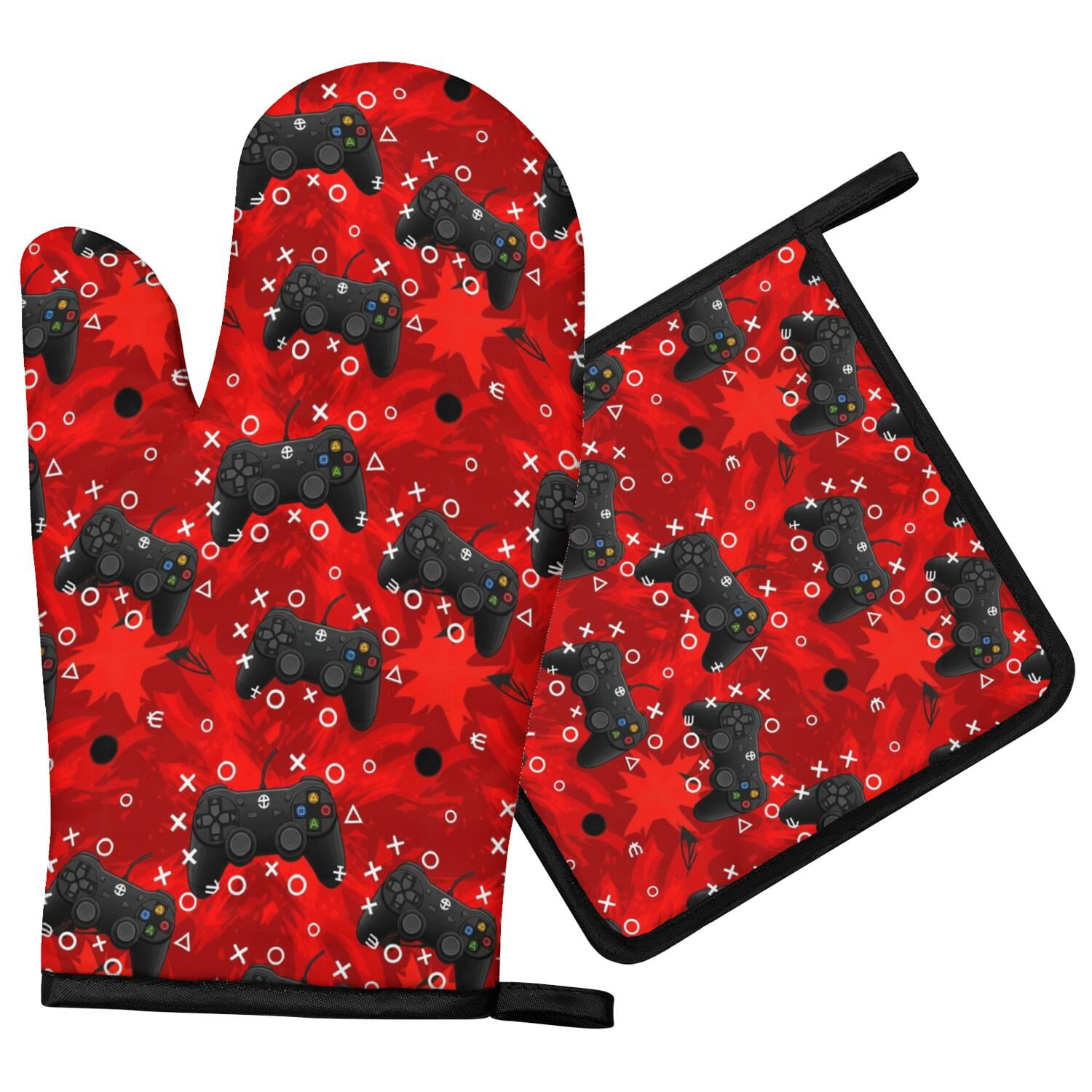 Bbq Banner Examples Game Controller Red Pattern Oven Mitt Pot Holder Set, Polyester BBQ ...