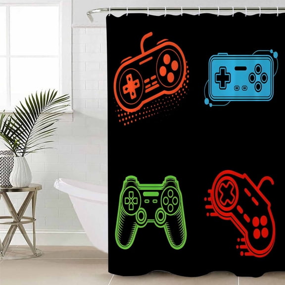 Game Controller Small Stall Shower Curtain, Waterproof Shower Curtains for Bathroom, Modern Art Gaming Handheld Black Washable Fabric Cloth Bath Curtain for Bathtub Decoration with Hooks 36x72 Inches