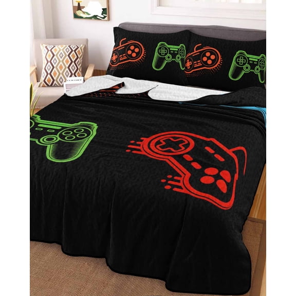 Game Controller Twin Size Down Alternative Comforter, Lightweight Comforter Quilt Bedding Set with Pillow Shams Modern Art Gaming Handheld Black All Seasons Bed Comforter Duvet Insert 68"x86"