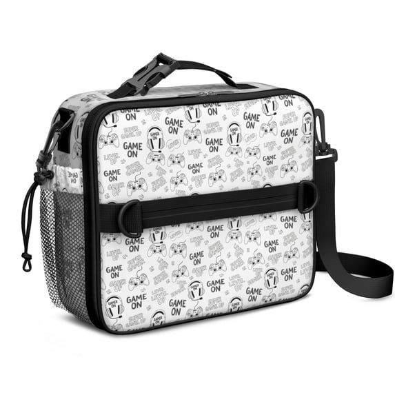 Game Controller White Pattern Insulated Lunch Bag with Shoulder Strap and Bottle Holder,Bento School Lunch Bag Box,11x9.5x3.5 Inches
