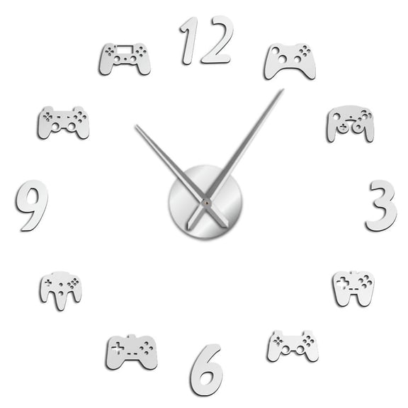 Game Controllers Creative Frameless Wall Clock Stickers, DIY Modern Decorative Clocks for Living Room, Bedroom, Office - Easy to Install, Large 3D Clock Design (Silver,37in)