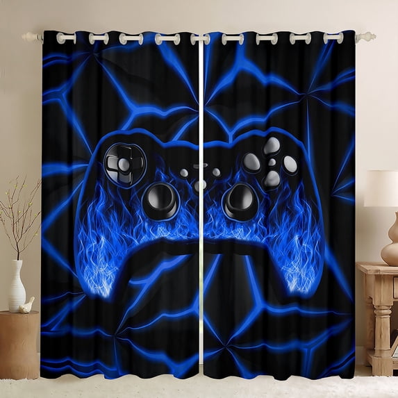 Game Curtains, Blue Neon Geometry Blackout Curtains 3D Geometric Gaming Bedroom Curtains Gamer Action Buttons Window Curtains Game Room Decor Curtains for Game Lovers,2 Panels 38"Wx45"L
