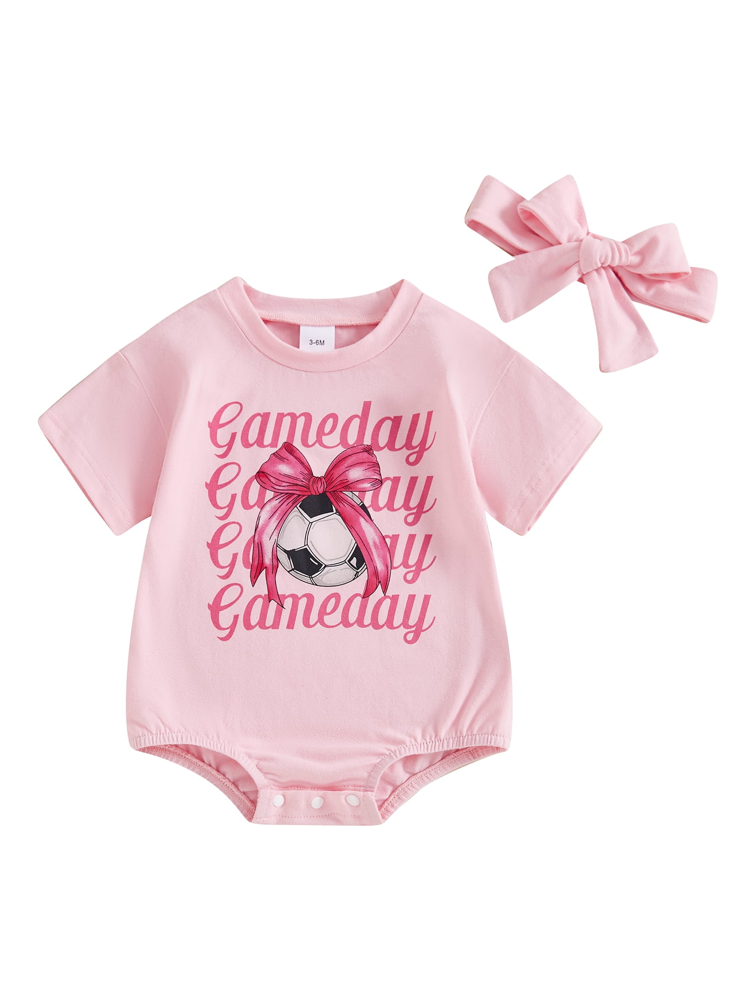Game Day Baby Girls Summer Romper Headband Set Short Sleeve Rugby