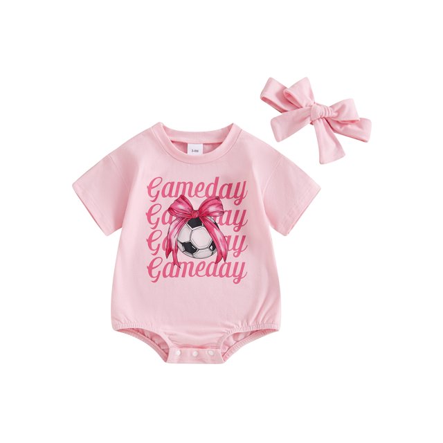 Game Day Baby Girls Summer Romper Headband Set Short Sleeve Rugby