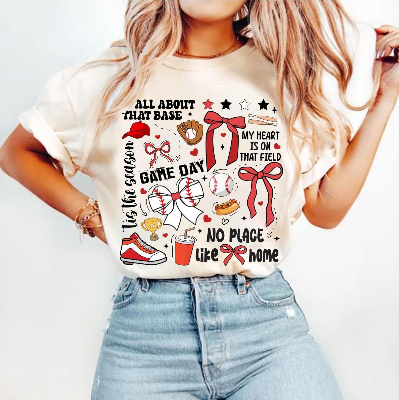 Game Day Baseball Shirt, Retro Coquette Baseball Tee, Baseball Mom Shirt with Bow, Preppy Baseball T-Shirt for Sports Fans