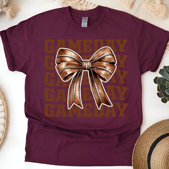 Game Day Bow T-Shirt | Cute Brown Football-Inspired Tee, Maroon, Size S