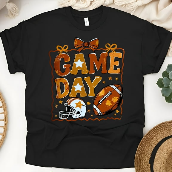 Game Day Bow T-Shirt | Cute Football Helmet Graphic Tee for Women, Black, Size S