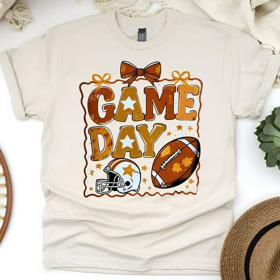 Game Day Bow T-Shirt | Cute Football Helmet Graphic Tee for Women, Natural, Size S