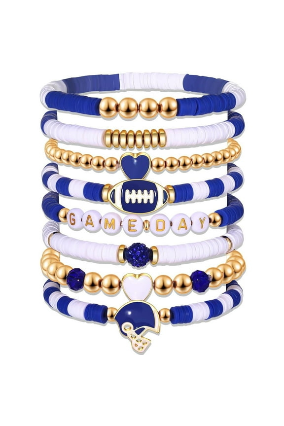 Game Day Bracelets for Women Football Bracelets Red Black Blue Heishi Clay Beaded Stretch Bracelets Stackable Sports Football Charm Bracelet Bangles Football Mom Accessories Outfits Jewelry Gifts