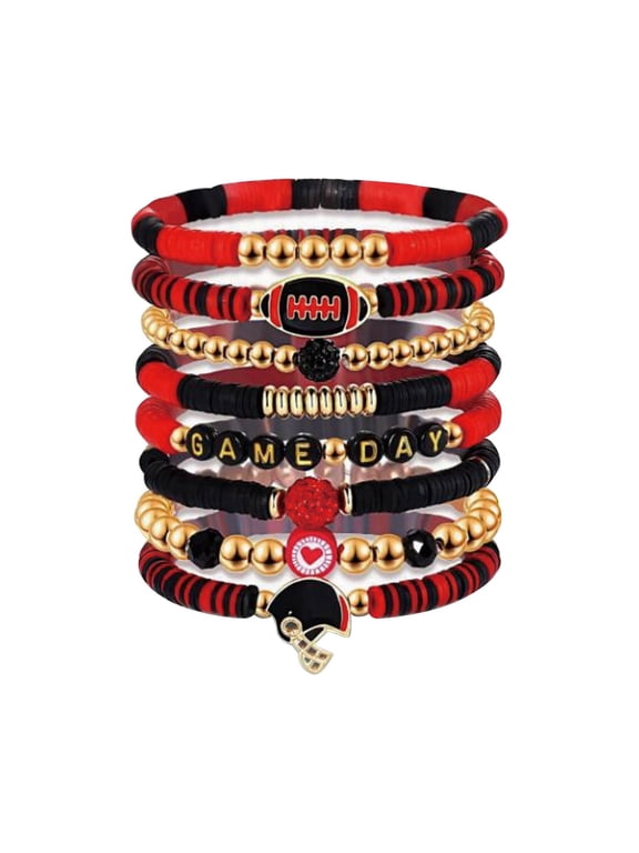 Game Day Bracelets for Women - Red, Black, Blue Heishi Clay Beaded Stretch Bracelets - Stackable Sports Charm Bracelet Bangles - Football Mom Accessories & Outfits Jewelry Gifts
