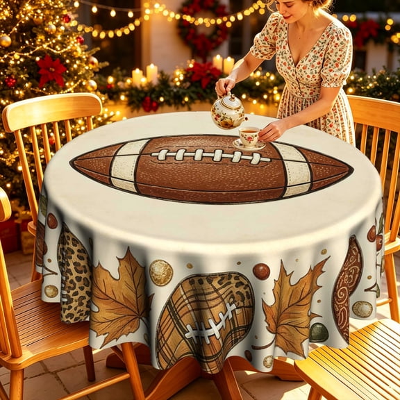 Game Day Fall Football Oak Leaf Button Pattern Polyester Round Tablecloth, Multiple Sizes, Family Party Table Decor