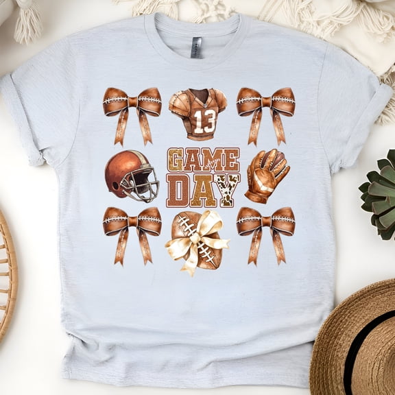 Game Day Football Bows T-Shirt | Cute Retro Game Day Tee for Women, Ash, Size S