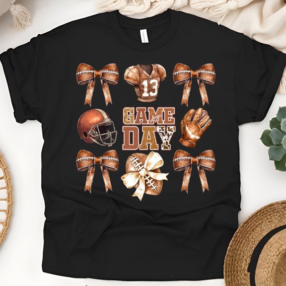 Game Day Football Bows T-Shirt | Cute Retro Game Day Tee for Women, Black, Size XL