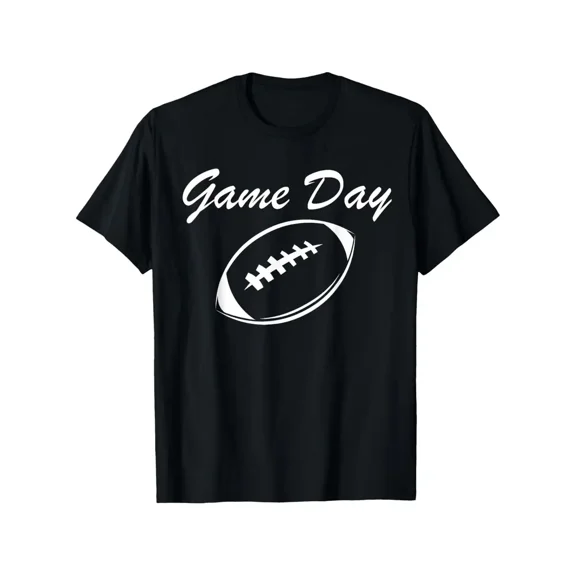 Game Day Football Shirt - Black with White Football Graphic - Heavyweight 180gsm Cotton Tee for Adults & Teens - Casual Sports T-Shirt for American Football Games, Tailgates