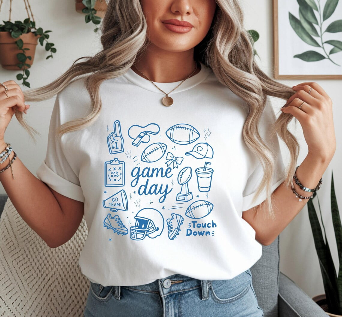 Game Day Football Shirt, Cute Football Doodle Tee, Sports Fan Shirt ...
