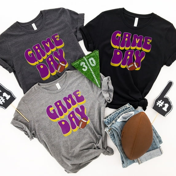 Game Day Football Shirt Purple and Gold | Game Day Women's Tee | Game Day Shirt | Game Day Tee | College Football Shirt | Game T-Shirt (Colors:Black; Sizes:2XL;)